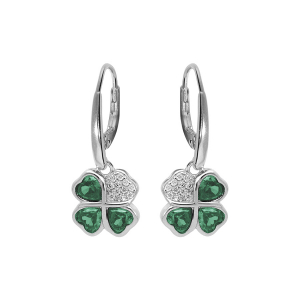 BOUCLES D'OREILLES DORMEUSE ARGENT RHODIÉ TREFLE ET COEUR 10MM OXYDES VERTS