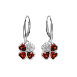 BOUCLES D'OREILLES DORMEUSE ARGENT RHODIÉ TREFLE ET COEUR 10MM OXYDES ROUGES