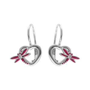 BOUCLES D'OREILLES DORMEUSE ARGENT RHODIÉ LIBELLULE RÉSINE ROSE