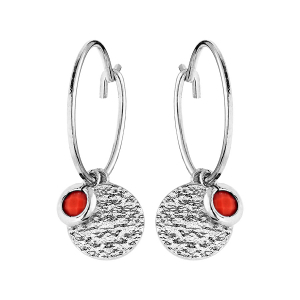 CREOLES ARGENT RHODIE PAMPILLE PIERRE SYNTHETIQUE COULEUR CORAIL  AVEC PASTILLE ANTIQUE