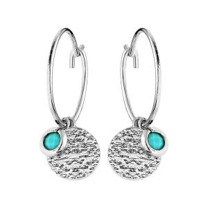 CREOLES ARGENT RHODIE PAMPILLE PIERRE SYNTHETIQUE COULEUR TURQUOISE AVEC PASTILLE ANTIQUE