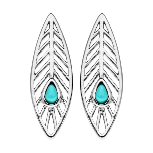 BOUCLES D'OREILLES TIGE ARGENT RHODIÉ PLUME AVEC PIERRE SYNTHETIQUE COULEUR TURQUOISE