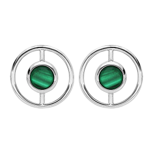 BOUCLES D'OREILLES ARGENT RHODIÉ RONDE EVIDÉ PIERRE MALACHITE VÉRITABLE