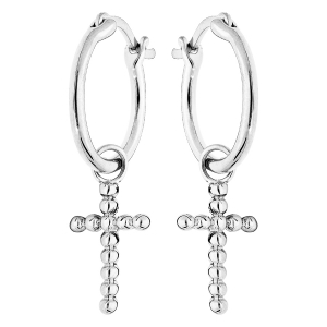 BOUCLES D'OREILLES ARGENT RHODIÉ CRÉOLES 12MM AVEC CROIX BOULE