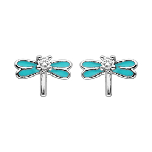 BOUCLES D'OREILLES ARGENT RHODIÉ LIBELLULE AVEC RÉSINE COULEUR TURQUOISE ET OXYDES BLANCS SERTIS