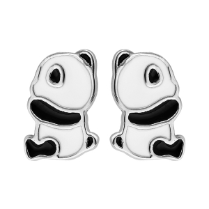 BOUCLES D'OREILLES ARGENT RHODIÉ PANDA AVEC RÉSINE  NOIR ET BLANC
