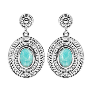 BOUCLES D'OREILLES TIGE ARGENT RHODIÉ OVALE PIERRE CABOCHON AMAZONITE VÉRITABLE