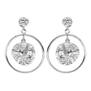 BOUCLES D'OREILLES TIGE ARGENT RHODIÉ PENDANTE MOTIF MONNAIE GRECQUE CHEVAL AVEC AILE FINITION ANTIQUE SUR CERCLE