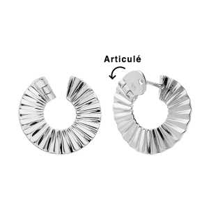 CREOLES TIGE ARGENT RHODIE ARTICULÉE DISQUE EFFET DIAMANTÉ