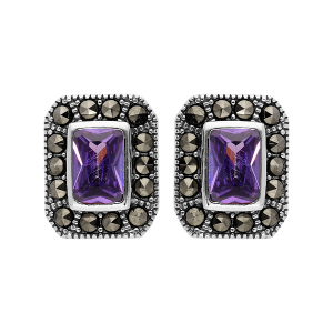 BOUCLES D'OREILLES TIGE ARGENT RHODIÉ RETRO CONTOUR MARCASSITE OXYDE VIOLET