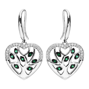 BOUCLES D'OREILLES ARGENT RHODIÉ CROCHET COEUR AVEC ARBRE DE VIE EMPIERRÉ PIERRES VERTES SYNTH