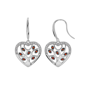 BOUCLES D'OREILLES ARGENT RHODIÉ CROCHET COEUR AVEC ARBRE DE VIE EMPIERRÉ PIERRES ROUGES SYNTH