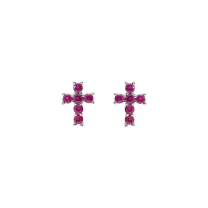 BOUCLES D'OREILLES TIGE ARGENT RHODIÉ PENDENTIF CROIX OXYDES FUSHIA