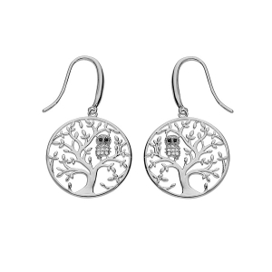 BOUCLES D'OREILLES ARGENT RHODIÉ ARBRE DE VIE AVEC HIBOU - CHOUETTE EMPIERRÉ