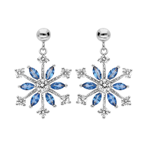 BOUCLES D'OREILLES TIGE ARGENT RHODIÉ FLOCON DE NEIGE OXYDES BLANCS ET NAVETTES BLEUES SERTIS