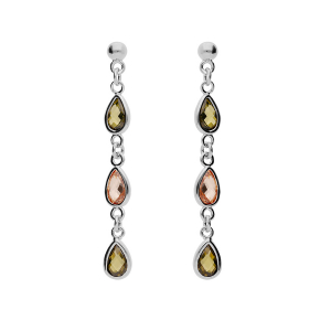 BOUCLES D'OREILLES TIGE ARGENT RHODIÉ MASSIF PENDANTES GOUTTES OXYDES VERTS ET ORANGÉ