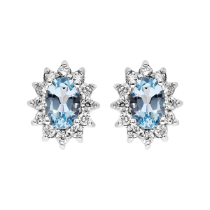 BOUCLES D'OREILLES TIGE ARGENT RHODIÉ MASSIF PIERRE NATURELLE OVALE TOPAZE BLEUE OXYDES BLANCS SERTIS
