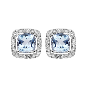 BOUCLES D'OREILLES TIGE ARGENT RHODIÉ MASSIF RECTANGULAIRE TOPAZE BLEUE VERITABLE CONTOUR OXYDES BLANCS SERTIS