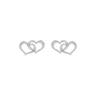 BOUCLES D'OREILLES TIGE ARGENT RHODIÉ DOUBLE COEUR 1 LISSE ET 1 GRANITÉ