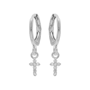 BOUCLES D'OREILLES ARGENT RHODIÉ CRÉOLES ARTICULÉES PAMPILLE CROIX OXYDES BLANCS SERTIS