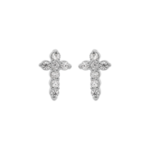 BOUCLES D'OREILLES TIGE ARGENT RHODIÉ PUCES CROIX OXYDES BLANCS SERTIS DIM 6MM X 3 MM