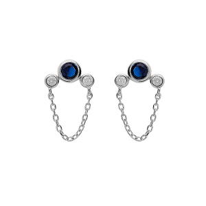 BOUCLES D'OREILLES TIGE ARGENT RHODIÉ 3 OXYDES BLEU FONCÉ ET BLEU CIEL SERTIS ET CHAINETTE