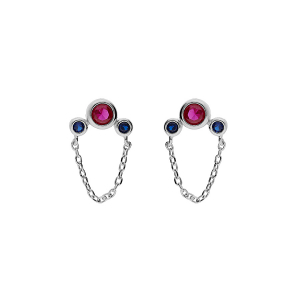 BOUCLES D'OREILLES TIGE ARGENT RHODIÉ 1 OXYDE FUSHIA ET 2 BLEUS FONCÉ SERTIS ET CHAINETTE