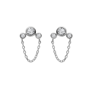 BOUCLES D'OREILLES TIGE ARGENT RHODIE 3 OXYDES BLANCS SERTIS ET CHAINETTE