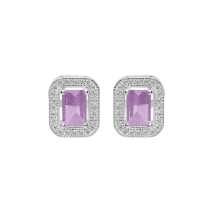 BOUCLES D'OREILLES TIGE ARGENT RHODIÉ MASSIF PIERRE CARRÉ AMÉTHYSTE VÉRITABLE CONTOUR OXYDES BLANCS SERTIS