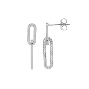 BOUCLES D'OREILLES TIGE ARGENT RHODIÉ 2 ELEMENTS RECTANGULAIRES 1 LISSE ET 1 PERLÉ