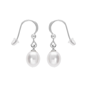 BOUCLES D'OREILLES CROCHET ARGENT RHODIÉ PERLE DE CULTURE D'EAU DOUCE GOUTTE BLANCHE 8MM
