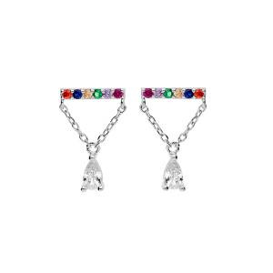 BOUCLES D'OREILLES TIGE ARGENT RHODIÉ TIGE OXYDES MULTICOULEURS AVEC CHAINETTE ET 1 OXYDE BLANC FORME POIRE SERTI