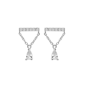 BOUCLES D'OREILLES TIGE ARGENT RHODIÉ TIGE OXYDES BLANCS AVEC CHAINETTE ET 1 OXYDE BLANC FORME POIRE SERTI