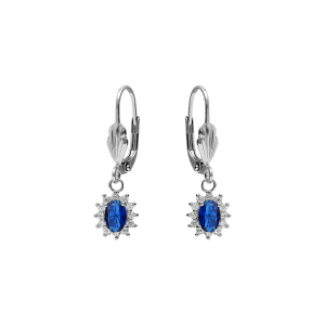BOUCLES D'OREILLES DORMEUSE ARGENT RHODIÉ OXYDE CENTRAL BLEU FONCE ENTOURAGE OXYDES BLANCS 7.5MM X 9.5MM