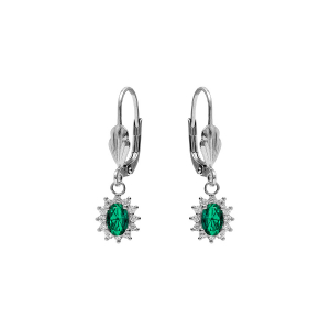 BOUCLES D'OREILLES DORMEUSE ARGENT RHODIÉ OXYDE CENTRAL VERT ENTOURAGE OXYDES BLANCS 7.5MM X 9.5MM