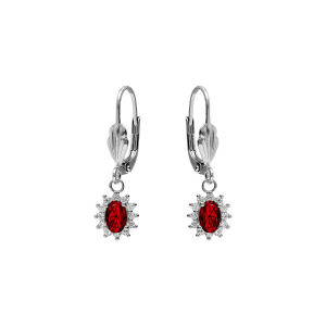 BOUCLES D'OREILLES DORMEUSE ARGENT RHODIÉ OXYDE CENTRAL ROUGE ENTOURAGE OXYDES BLANCS 7.5MM X 9.5MM