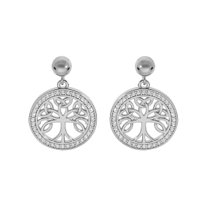 BOUCLES D'OREILLES TIGE ARGENT RHODIÉ ARBRE DE VIE CELTIQUE  14MM CONTOUR OXYDES BLANCS SERTIS