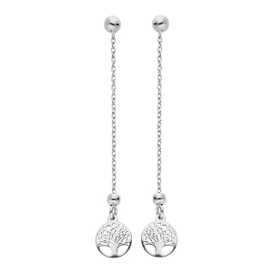 BOUCLES D'OREILLES TIGE ARGENT RHODIÉ PENDANTE CHAINETTE ET ARBRE DE VIE