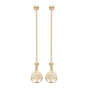BOUCLES D'OREILLES TIGE ARGENT ET DORURE JAUNE PENDANTE CHAINETTE UNE BOULE ET ARBRE DE VIE