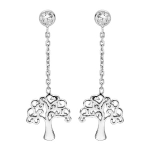 BOUCLES D'OREILLES TIGE ARGENT RHODIÉ PENDANTE ARBRE DE VIE ET 1 OXYDE BLANC SERTI