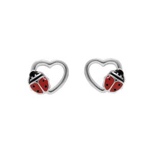 BOUCLES D'OREILLES TIGE ARGENT RHODIÉ COEUR AVEC COCCINELLE