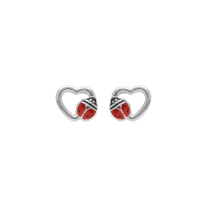 BOUCLES D'OREILLES TIGE ARGENT RHODIÉ COEUR AVEC COCCINELLE