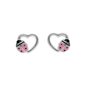BOUCLES D'OREILLES TIGE ARGENT RHODIÉ COEUR AVEC COCCINELLE ROSE