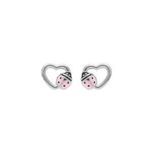 BOUCLES D'OREILLES TIGE ARGENT RHODIÉ COEUR AVEC COCCINELLE ROSE