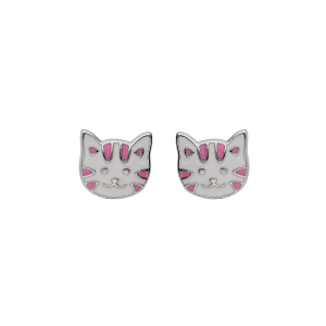 BOUCLES D'OREILLES TIGE ARGENT RHODIÉ TËTE CHAT RÉSINE BLANC ET ROSE
