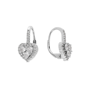 BOUCLES D'OREILLES DORMEUSE ARGENT RHODIÉ COEUR OXYDES BLANCS SERTIS