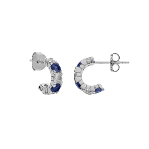 BOUCLES D'OREILLES TIGE ARGENT RHODIÉ DEMI CRÉOLES OXYDES BLEUS FONCÉ ET BLANCS SERTIS