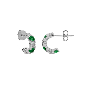 BOUCLES D'OREILLES TIGE ARGENT RHODIÉ DEMI CRÉOLES OXYDES VERTS ET BLANCS SERTIS