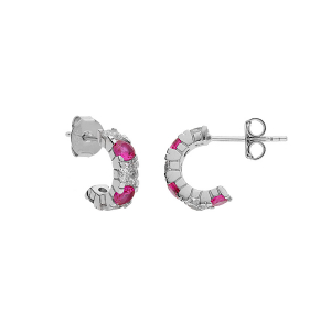 BOUCLES D'OREILLES TIGE ARGENT RHODIÉ DEMI CRÉOLES OXYDES ROUGES ET BLANCS SERTIS