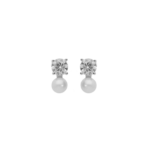BOUCLES D'OREILLES TIGE ARGENT RHODIÉ PERLE DE CULTURE D'EAU DOUCE BLANCHE 4MM ET OXYDE BLANC SERTI
